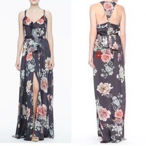 CLEARANCE! L’AGENCE Size 2 Ruffle-Front Floral Maxi Dress Grey Sleeveless Tie